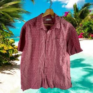 Cubavera Men's Large Red & White Embroidered Linen Blend S/S Button Up Shirt